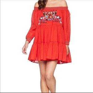 Free People Sunbeams Off Shoulder Embroidered Mini Dress Red XS tiered r…